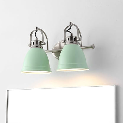 JONATHAN Y 16.25" Mint Green/Nickel 2-Light LED Vanity Light, Adjustable Wall Sconce for Bathroom Mirror, Farmhouse Bohemian Kitchen Light, Iron Black Bell Shade (JYL1115C)