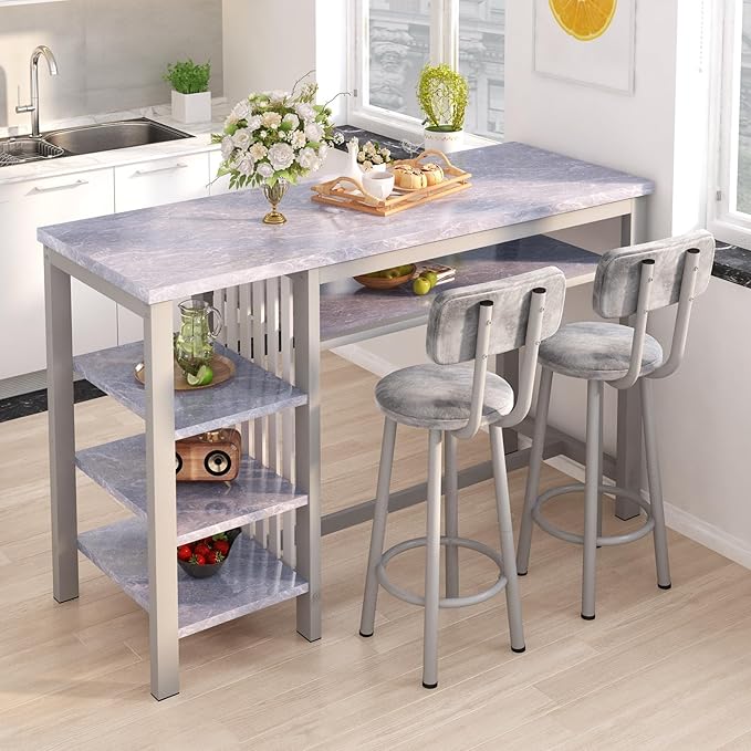 Lamerge Furniture Kitchen Bar Height Table and Chairs for 2, 5-Tier Compact Dining Room Table, Gray Top and 2 PU Leather Upholstered Seat Black Frame, Modern Dining Set for Home & Office