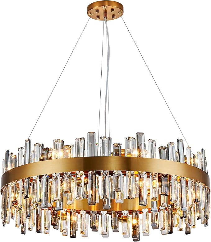 Siljoy Modern Crystal Chandelier, 16-Light Luxury Brass Gold 2-Tiers K9 Crystal Raindrop Chandelier Dimmable Crystal Pendant Ceiling Light for Dining Living Room Kitchen Island Entry Foyer D31.5''