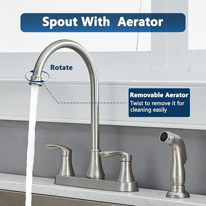 Friho Kitchen Faucet with Side Sprayer, Brushed Nickel Stainless Steel Kitchen Faucets with Supply Line, 3 or 4 Hole 2 Handle Kitchen Sink Faucet for RV Laundry Utility Bar