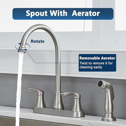 Friho Kitchen Faucet with Side Sprayer, Brushed Nickel Stainless Steel Kitchen Faucets with Supply Line, 3 or 4 Hole 2 Handle Kitchen Sink Faucet for RV Laundry Utility Bar