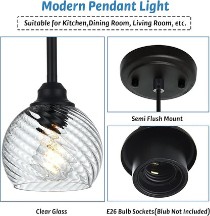 3 Pack Dining Room Light Fixtures Hanging with Clear Striped Swirl Globe Glass, Stylish Kitchen Island Hanging Pendant Light Black for Bar Hallway Bedroom, 1-Light