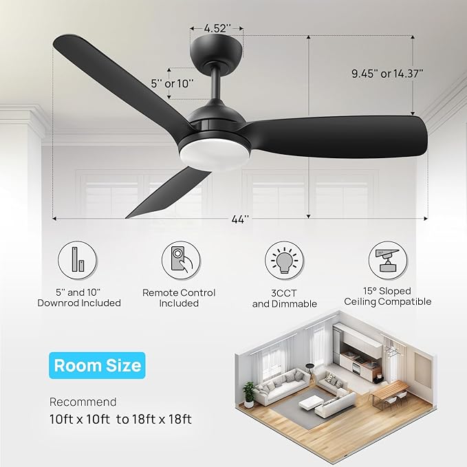 Consciot Ceiling Fan With Lights Remote Control, 44 Inch Modern Ceiling Fan, Downrod Mount, Reversible Quiet DC Motor, 6 Speed, 3 Color and Dimmable, Black Ceiling Fan For Indoor and Covered Outdoor