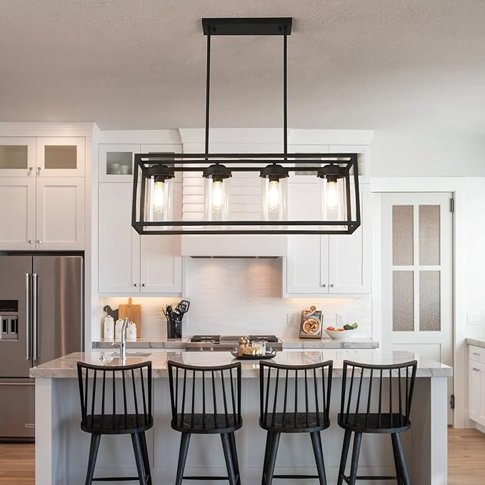 Black Dining Room Light Fixtures, Farmhouse Chandeliers for Dining Room Rustic Kitchen Island Light Fixtures Vintage Antique Linear Adjustable Hanging Pendant Light with Clear Glass Shade