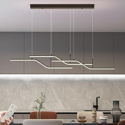 Siittoo Modern LED Chandelier, 45W Dimmable Dining Room Chandelier with Remote, 3-Light Black Wave Linear Hanging Pendant Light Fixture for Kitchen Island Restaurant (52'')