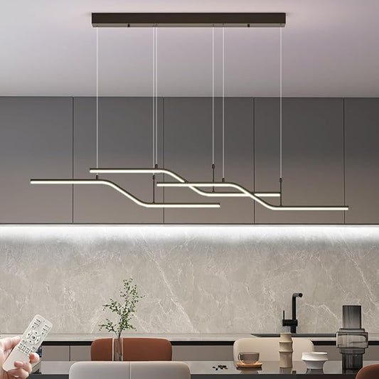 Siittoo Modern LED Chandelier, 45W Dimmable Dining Room Chandelier with Remote, 3-Light Black Wave Linear Hanging Pendant Light Fixture for Kitchen Island Restaurant (52'')