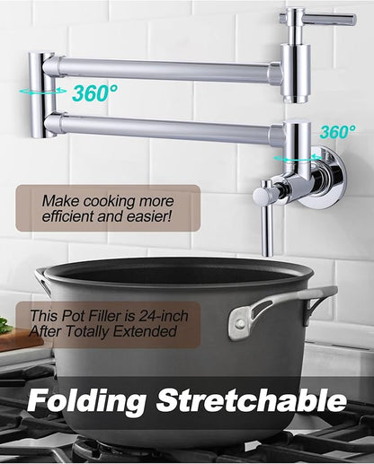 Wall Faucet, Pot Fillers Wall Mount for Kitchen, Solid Copper Chrome Pot Filler Single Hole Folding Faucet with Double Joint Swing Arm Pot Filler Over Stove