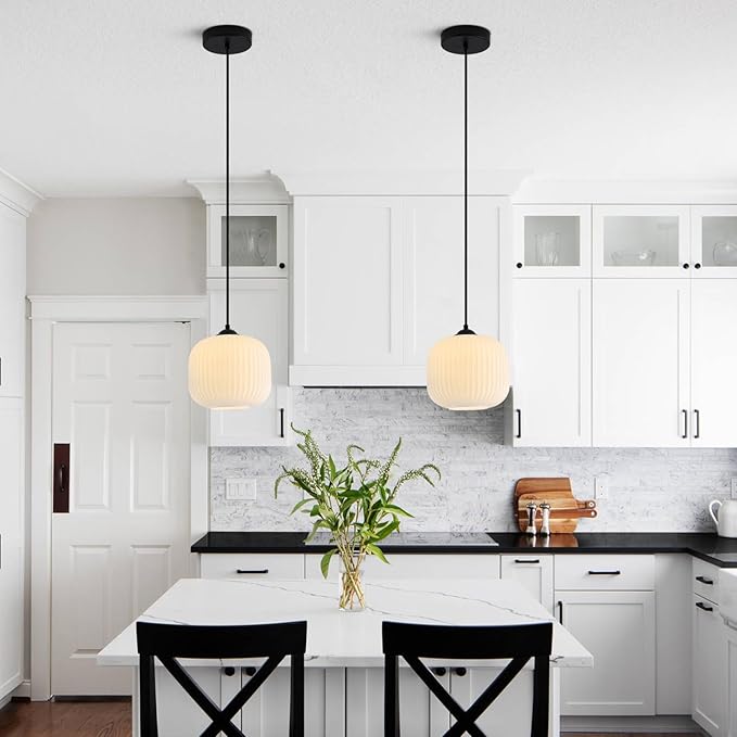 KCO Lighting Milk Glass Globe Pendant Light Kitchen Island Mid Century Black Pendant Light Modern Farmhouse Hanging Pendant Lighting Large Industrial Round Hanging Light (2 Pack)