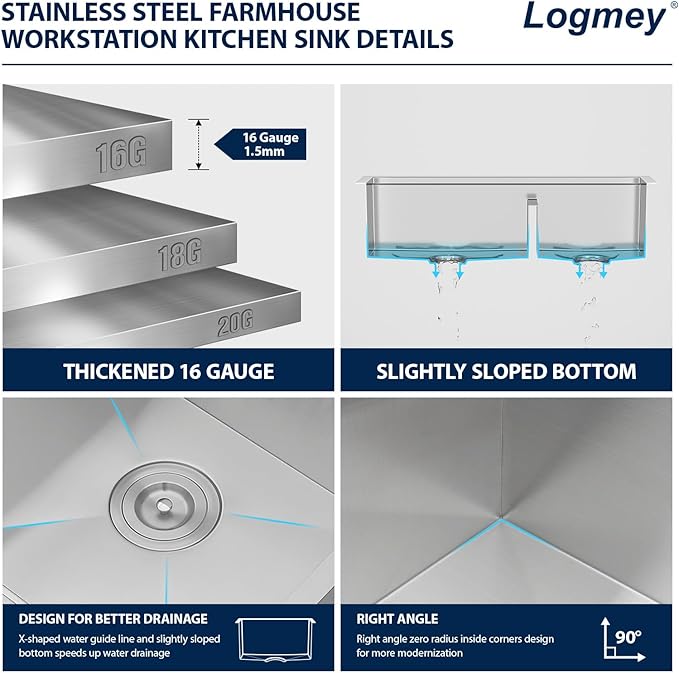 Logmey 33x21 Double Bowl Kitchen Sink 60/40 Farmhouse Sink 16 Gauge Stainless Steel Apron Front Farmer Kitchen Sinks Ledge Workstation Low Divide Double Basin Farm Sink 33x21x9