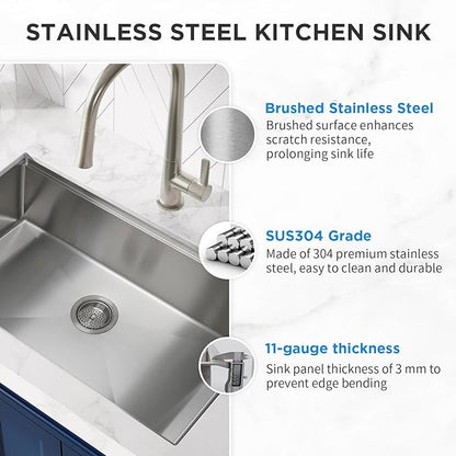 SANYCASA 33 Inch Undermount Kitchen Sink with Quiet Drain - 11 Gauge Stainless Steel Sink Single Bowl - Multifunctional Handmade Modern Integrated Ledge Workstation