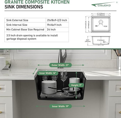 21 Inch Undermount Bar Sink 21x18 Undermount Bar Sink Mini Wet Bar White Quartz Granite Composite Small Kitchen RV Sinks Single Bowl Outdoor Island Basin with Cutting Board