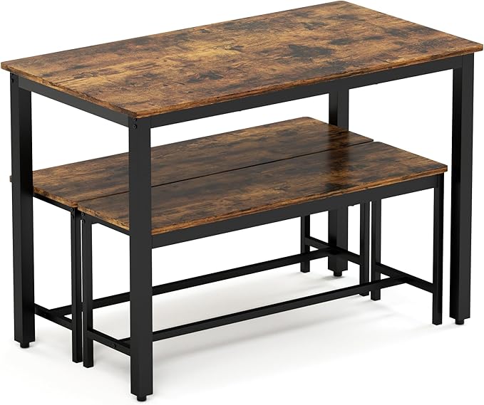 Industrial Style 3 PCS Kitchen Table Set, 43.3" L Dining Table with 2 Benches, Rustic Brown