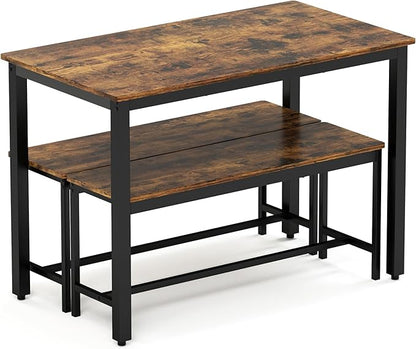 Industrial Style 3 PCS Kitchen Table Set, 43.3" L Dining Table with 2 Benches, Rustic Brown