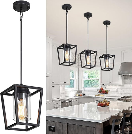 TOULMJ 3 Pack Black Pendant Lights Kitchen Island, Modern Lantern Pendant Light Fixtures, Farmhouse Kitchen Island Lighting Cage Metal Hanging Ceiling Light Fixture for Hallway Entryway Dining Room