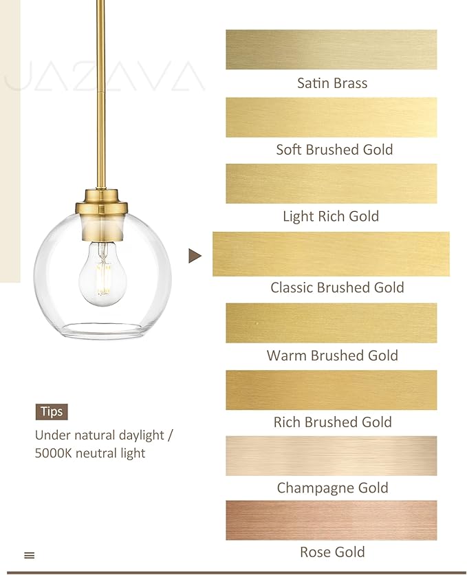 8 inch Modern Gold Pendant Light Fixtures, Mid Century Globe Pendant Lights with Clear Glass, 1 Light Hanging Lights for Kitchen Island, Bathroom, Dining Room (1 Pack), PL101BG-L