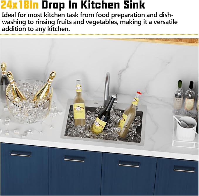 Kitchen Sink, 24x18 Inch Stainless Steel Drop In Topmount Kitchen And Bar Sink Stylish And Modern Look With Bottom Grid,Silicon Mat And Drain Assembly Add Elegance & Enhance Usability