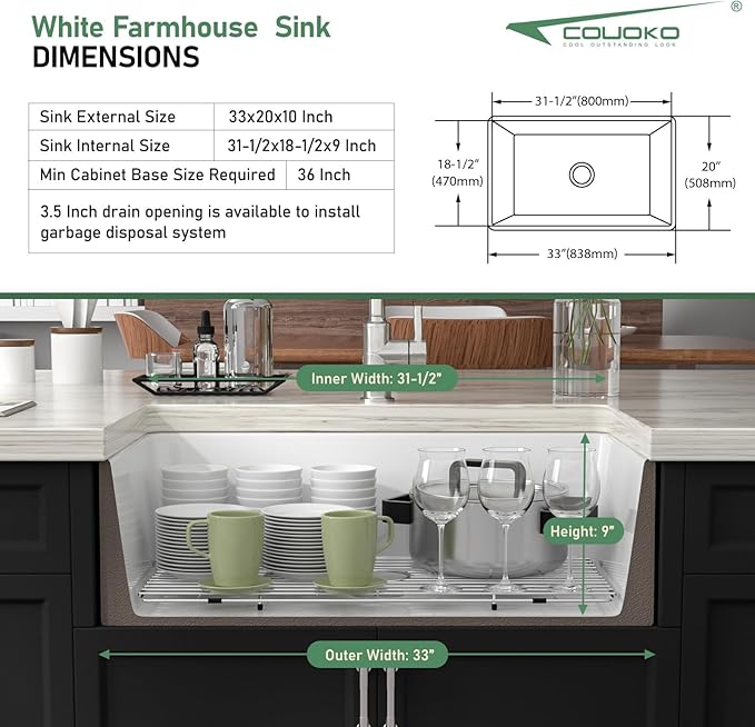 White Farmhouse Sink 33 Inch Fireclay Apron Front Farm Sinks Drop In Undermount Large Deep Farm Country Style Single Bowl Farm Sinks with Luxury Accessory, 33"x20"x10"