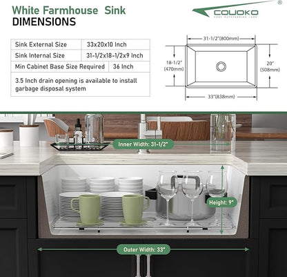 White Farmhouse Sink 33 Inch Fireclay Apron Front Farm Sinks Drop In Undermount Large Deep Farm Country Style Single Bowl Farm Sinks with Luxury Accessory, 33"x20"x10"