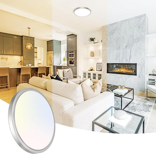 Peasur 7 Inch Satin Round Lighting Brushed Nickel, 15W LED Slim Flush Mount Ceiling Light,3000K/4000K/6500K Adjustable, Modern LED Ceiling Light for Bedroom, Living Room and Kitchen