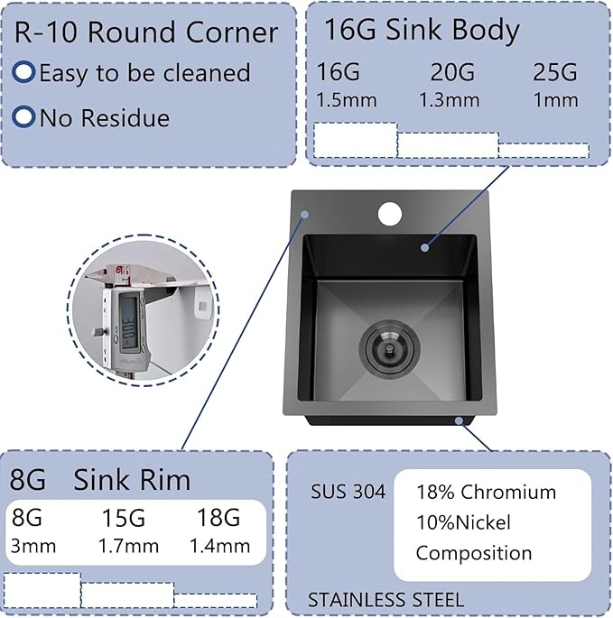 13x15 Inch Black Bar Sink Drop In Kitchen Sink, Topmount Stainless Steel Square Small Sinks, Single Bowl Kitchen Sinks for Laundry Wet Bar Prep RV Office Outdoor Yard with Grid & Drain