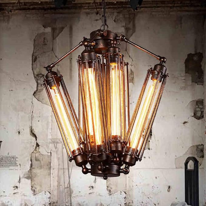 8-Lights Retro Chandelier, Industrial Metal Pendant Lamp Steampunk Pendant Hanging Lamp Geometric Structure Ceiling Lamp for Kitchen Island Foyer Hallway Living Room Bar