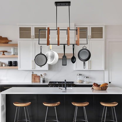 4-Light Island Lights for Kitchen, Rectangular Wood and Black Metal Kitchen Island Chandelier 31.5" Adjustable Rustic Modern Dining Room Light Fixtures Over Table, Chandeliers for Dining Room