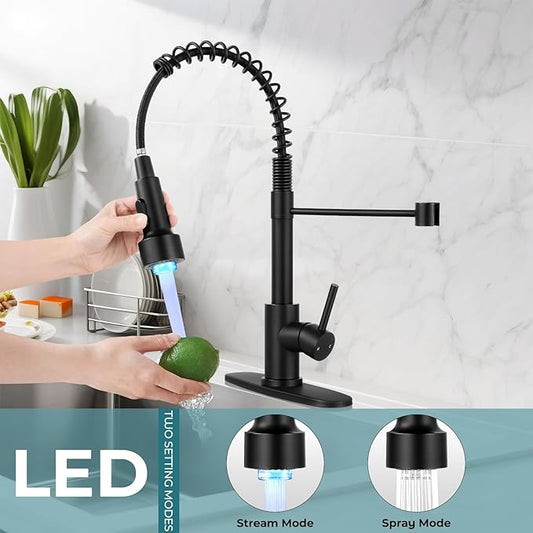 Kitchen Faucet with LED Pull Down Sprayer,Commercial Single Handle Stainless Steel Kitchen Faucets with Deck Plate (Black)