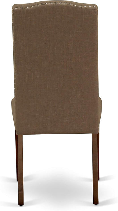 East West Furniture ENP3T18 Encinal Parson Dining Chairs - Nailhead Trim Dark Coffee Linen Fabric Upholstered Chairs, Set of 2, Mahogany