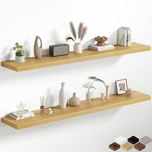 Fun Memories 66 Inch Floating Shelves, 12 Inch Deep Wall Shelf for Fireplace Mantel, Oak Deep Storage Shelves for Home & Office, Long Floating Shelf with Invisible Bracket, Set of 2