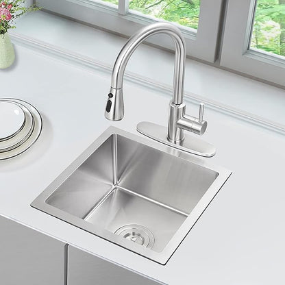 MENATT 15 x 15 Inch Undermount Bar Sink, Single Bowl Handmade Stainless Steel Small Kitchen Bar Sink, 15" x 15" x 8"