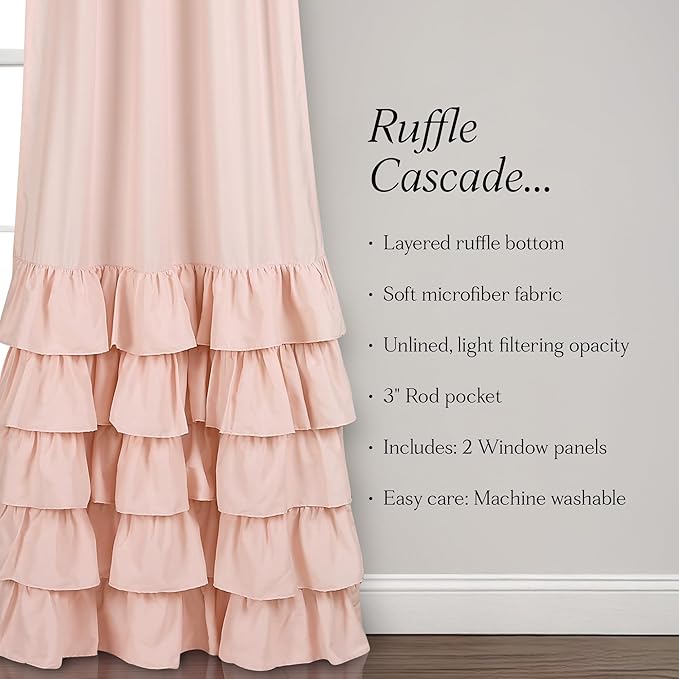 Lush Decor Allison Ruffle Curtains Window Panel Set for Living, Dining Room, Bedroom (Pair), 84 in L, Pink/Blush