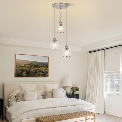 3-Light Island Light for Kitchen, Brushed Nickel Kitchen Island Hanging Pendant Light, Brushed Nickel Dining Room Light Fixture Over Table with Clear Round Glass Shade