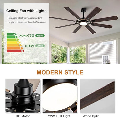 72 inch Ceiling Fans with Lights and Remote,8 Blades Black Ceiling Fan with Light, Large Air Volume, Reversible Quiet DC Motor, Modern Ceiling Fans for Indoor Outdoor Living Room Large Room