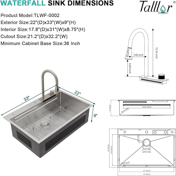 33x22 Drop In Stainless Steel Kitchen Sink with Faucet, Single Bowl Topmount Sink 16 Gauge, Waterfall Feature & Cup Washer, Workstation Accessories for Residential Kitchen #TLWF-0002