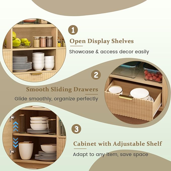 58" Coffee Bar Cabinet with Storage and Drawers, Large Sideboard Buffet Cabinet with Charging Station, Adjustable Lighting, 2 Doors and Open Shelves, Fluted Panel, Natural Oak