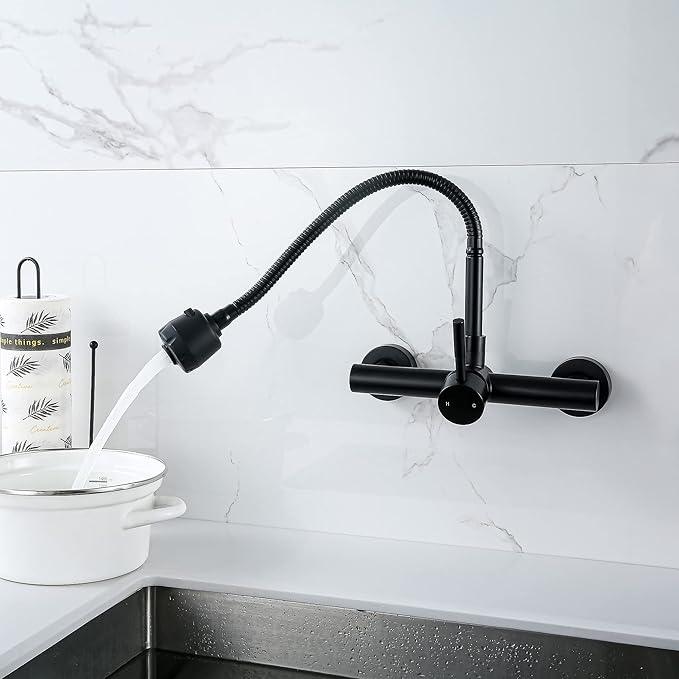 Wall Mount Kitchen Faucet with Sprayer 8“ Center,Matte Black Stainless Steel Sink Mixer Tap, Laundry Utility Faucets with Dual Functionals Sprayer