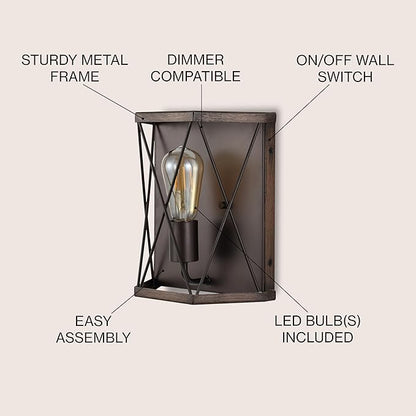 JONATHAN Y 8.25" Wood Finished/Oil Rubbed Bronze 1-Light Iron Sconce, Rustic Farmhouse X-Frame Wall Lantern for Entryway Hallway, Modern Industrial, LED Bulb Included JYL1309A