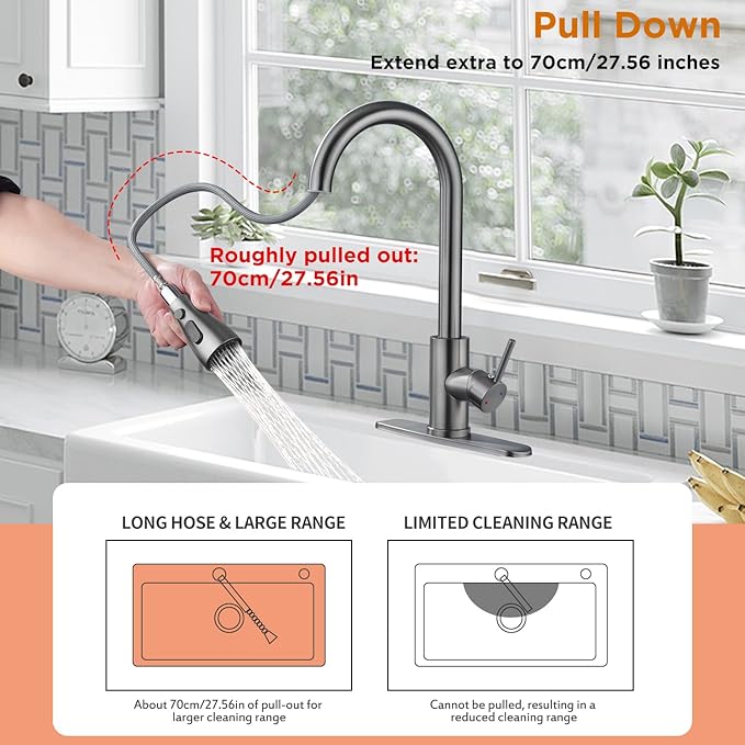 Kitchen Faucet with Pull Down Sprayer，Stainless Steel Single Handle Kitchen Faucet，1/3 Hole, Deck Plate Included，Suitable for farmhouses, Campers, Laundry Rooms, RVs, and Bars (Gun Gray)