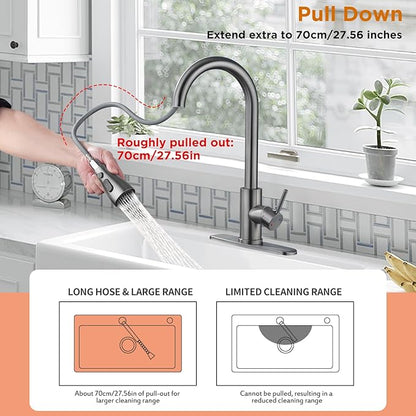 Kitchen Faucet with Pull Down Sprayer，Stainless Steel Single Handle Kitchen Faucet，1/3 Hole, Deck Plate Included，Suitable for farmhouses, Campers, Laundry Rooms, RVs, and Bars (Gun Gray)