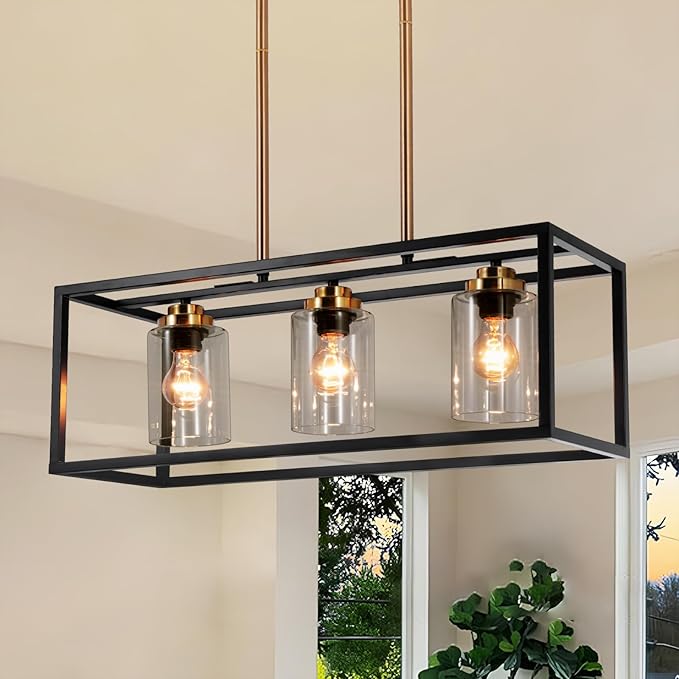Black Farmhouse Kitchen Island Lighting, Modern Industrial Chandelier, 3-Light Linear Rectangular Pendant Light Fixtures for Farmhouse Kitchen Dining Room Bar Foyer(Metal, Height Adjustable)