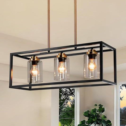 Black Farmhouse Kitchen Island Lighting, Modern Industrial Chandelier, 3-Light Linear Rectangular Pendant Light Fixtures for Farmhouse Kitchen Dining Room Bar Foyer(Metal, Height Adjustable)