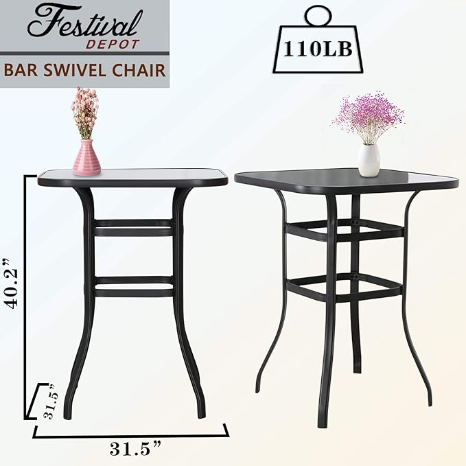 Festival Depot 40" Bar Height Outdoor Patio Bistro Table Metal Square Side Table Tempered Glass Top All Weather (31.5"x 31.5"x 41.2"H)