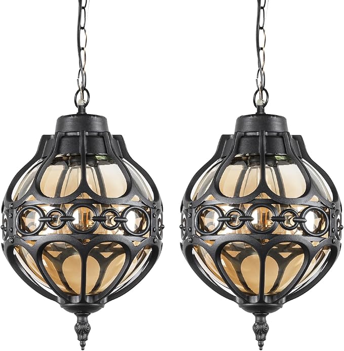 Globe Outdoor Pendant Lights for Porch Patio Garage, Matte Black Aluminum Anti-Rust Hanging Light Fixture, Industrial Round Amber Glass Exterior Chandelier, Outside Pendant Lamp, 2 Pack