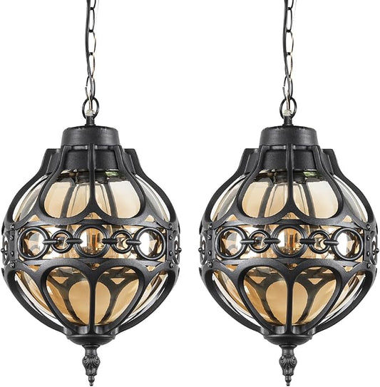 Globe Outdoor Pendant Lights for Porch Patio Garage, Matte Black Aluminum Anti-Rust Hanging Light Fixture, Industrial Round Amber Glass Exterior Chandelier, Outside Pendant Lamp, 2 Pack