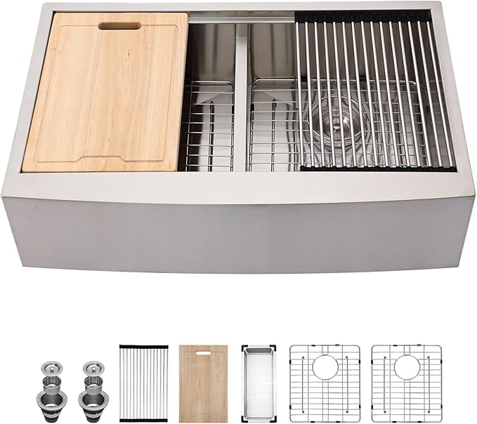 Kichae 33 Farmhouse Sink Double Bowl - 33 Inch Kitchen Sink Apron Front Stainless Steel Handmade Low Divided 50/50 Double Bowl Workstation Sink Basin
