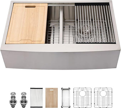 Kichae 33 Farmhouse Sink Double Bowl - 33 Inch Kitchen Sink Apron Front Stainless Steel Handmade Low Divided 50/50 Double Bowl Workstation Sink Basin