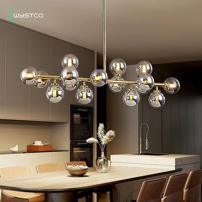 16-Light Globe Sputnik Chandelier, Mid Century Modern Light Fixture Over Table, Brass Gold Linear Chandeliers for Dining Room and Kitchen Island (Smoke Grey Glass Bubble Shades, 40 Inch)