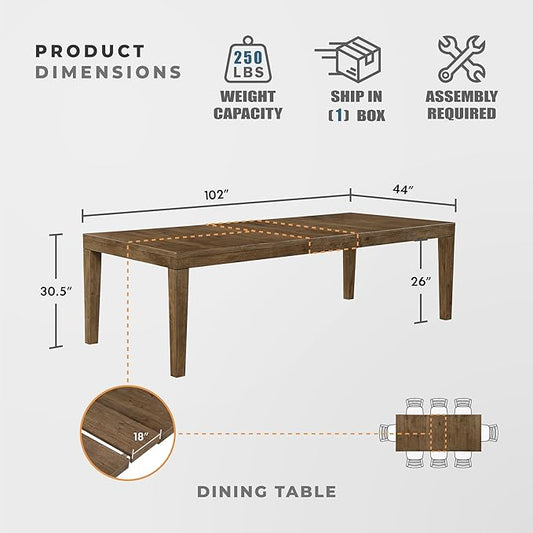 Lexicon 84-102 Inch Extendable Dining Table for 4-8 People, Large Rectangle Wooden Kitchen Table with Self-Storing Extension Leaf Space Saving, for Dining Room, Living Room, Home Office, Brown