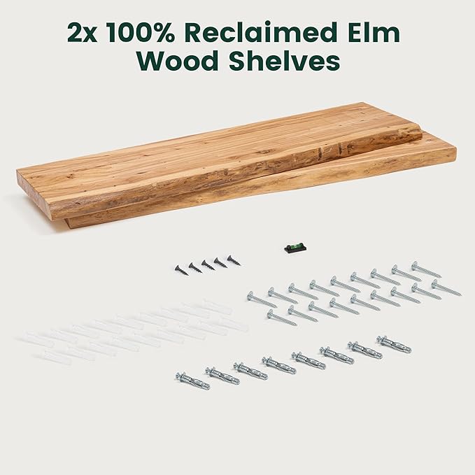 36 Inch Live Edge Floating Shelves, 8 Inch Deep Solid Elm Wood Wall Shelf, Heavy-Duty Wall Mounted Shelf with Invisible Brackets for Living Room, Bathroom, Kitchen, Set of 2, Natural Color