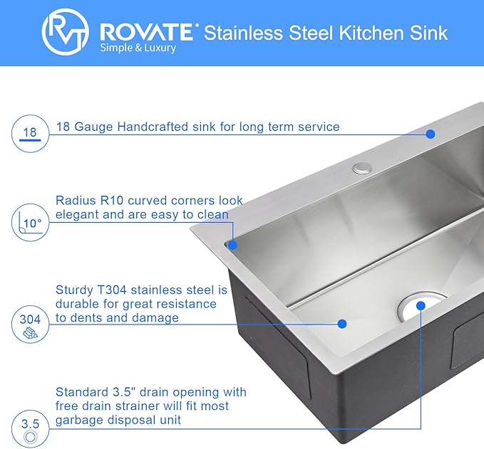 ROVATE 26 ×18 inches Drop-in Kitchen Sink Single Bowl 304 Stainless Steel, Handmade 9 Inches Deep Topmount Kitchen Sink with 1 Hole